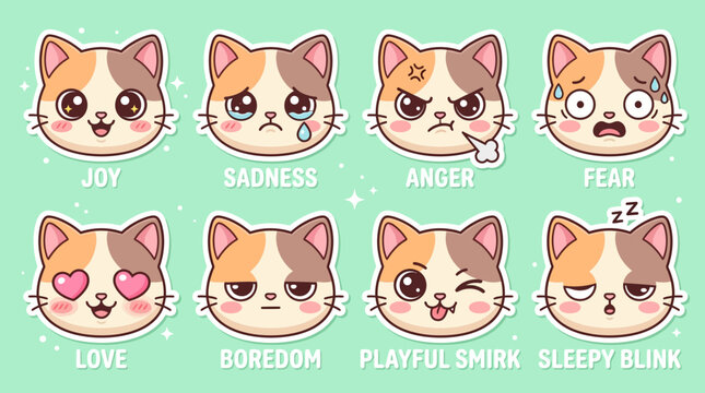 Adorable cat faces expressing various emotions in a cute cartoon style.
