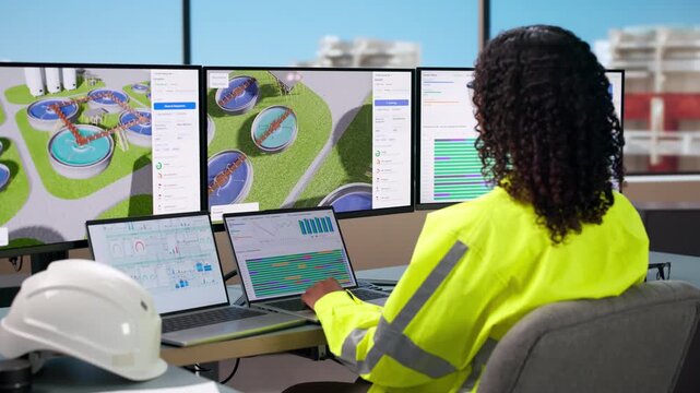 Water Treatment Engineer Carefully Monitors Computer System