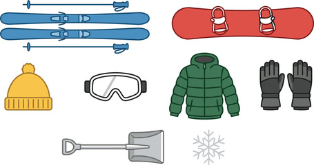 Winter Sports and Skiing Equipment Vector Icon Set with Skis Snowboard Beanie Goggles Puffer Jacket Gloves Shovel and Snowflake © Ruhul