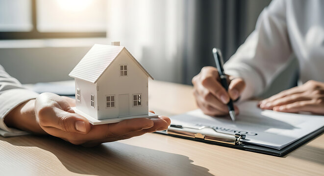 Real estate agent holding a small house model while signing a contract at the office desk.