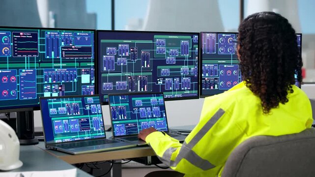 Woman Engineer Monitors Nuclear Plant Control Systems