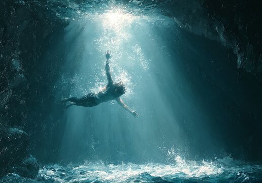 An expressive oil painting portraying a person submerged in deep, dark water. Thick brushstrokes and a moody palette capture a sense of profound isolation, stillness, and the fragile struggle of drown