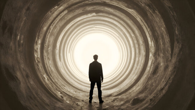 End of the Tunnel: A solitary silhouette stands at the entrance of a dark, circular tunnel, gazing towards a bright light at the distant end, symbolizing hope and the unknown future.