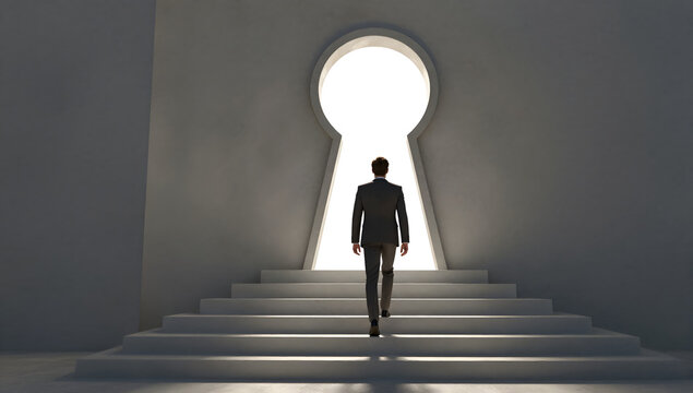 The Keyhole to Opportunity: A solitary businessman ascends a staircase towards a bright, illuminated keyhole-shaped opening, symbolizing hope, new beginnings, and a path to future success.