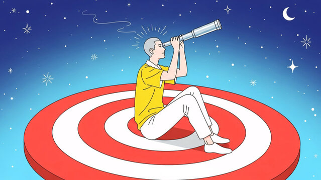 Person sitting on large target looking through telescope at night sky representing vision and strategic planning