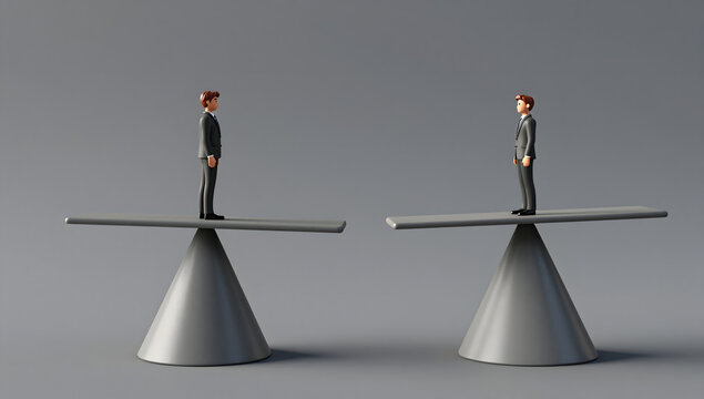 Balanced Business Representation: Two miniature businessman figures stand on separate scales, representing equilibrium and comparison in the corporate world.
