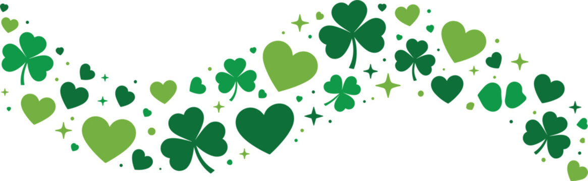 Green shamrock border vector wave, Saint Patricks Day clover and hearts wave isolated on white background
