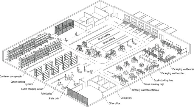 Isometric Cross Dock Warehouse Layout with Storage Racks Packaging Stations Material Handling and Logistics Workflow Illustration