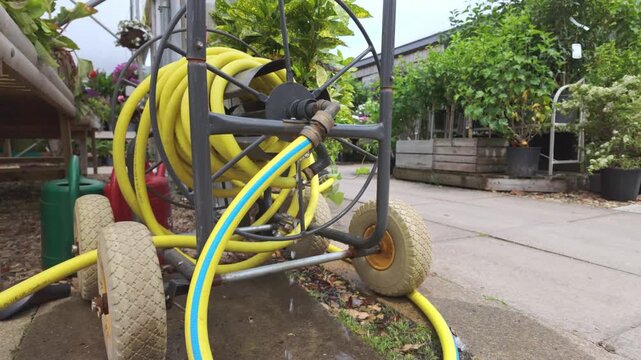 Water dripping from damaged garden hose fitting beside greenhouse pathway
