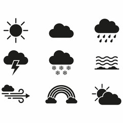 Obraz premium A collection of nine black silhouette weather icons including sun, clouds, rain, snow, lightning, wind, waves, and a rainbow.