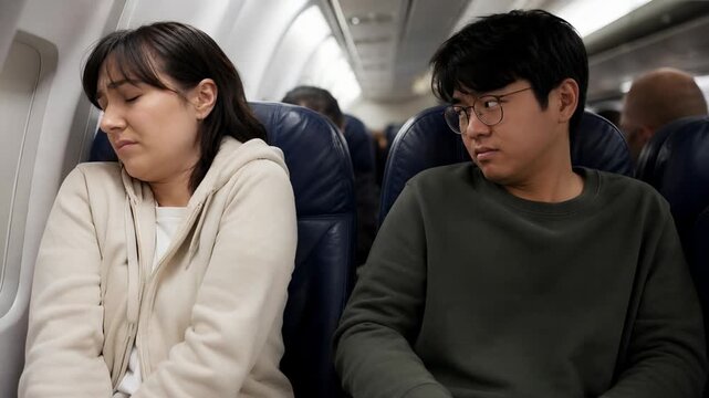 Uncomfortable woman passenger avoiding eye contact with man sitting next to her on airplane seat during travel interior flight journey