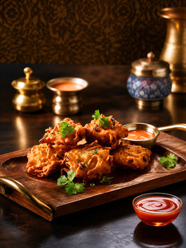 Crispy Onion Pakora Fritters Served with Dipping Sauce on Wooden Tray