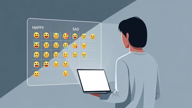 Person tracking personal daily mood using digital software interface on laptop screen in dim room