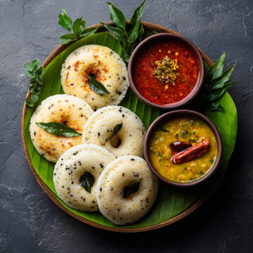 Delicious South Indian Idli served with Sambar and Chutney on a banana leaf.