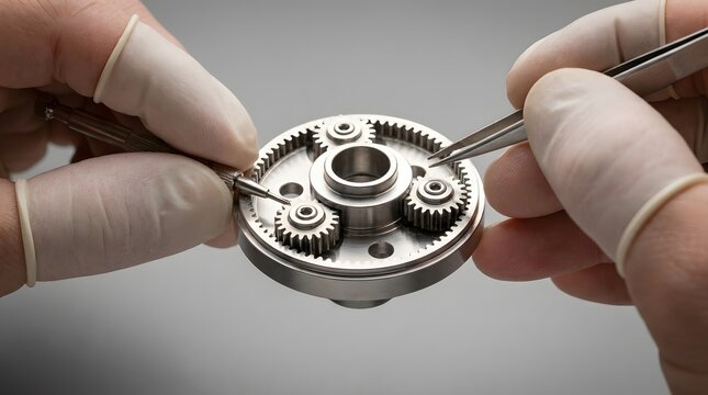 Precision watchmaker hands assembling a complex mechanical gear mechanism.