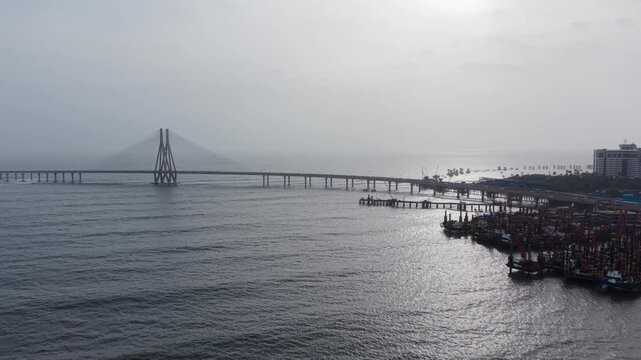 Cinematic drone push in over Bandra Worli Sea Link bridge structure, Mumbai, India