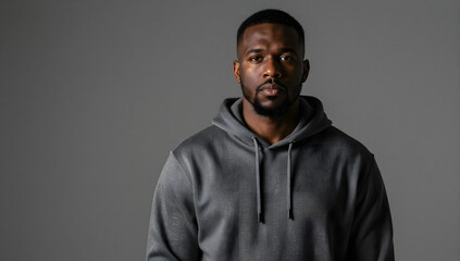 Obraz premium Confident Man in Hoodie: A self-assured man with a strong gaze wears a casual grey hoodie, exuding a sense of modern confidence against a simple, subtle backdrop.