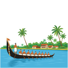 Kerala Snake Boat Race Vallam Kali Festival Landscape Flat Vector Illustration © Shreya Khaire