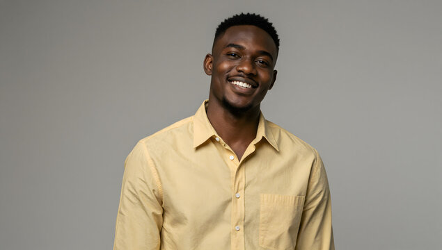 Smiling Young Man: A portrait of a happy, smiling young black man in a yellow collared shirt, looking directly at the camera with a warm and confident expression.