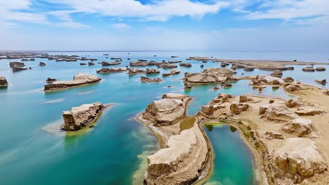 Aerial drone shot of water yardang landforms surrounded by turquoise water in the Qaidam Basin, Qinghai, China