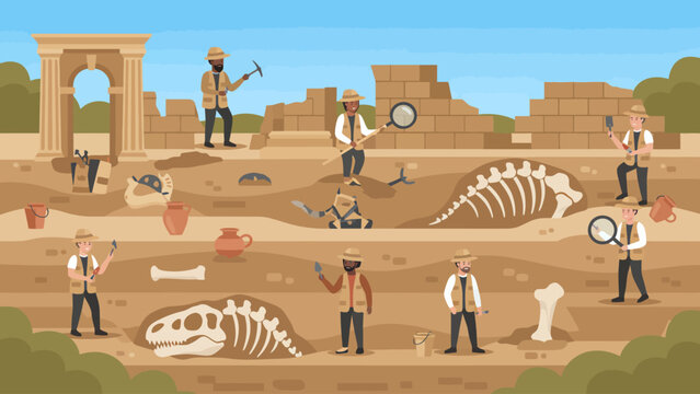 Professional archaeologists conducting excavation of dinosaur skeletons and ancient ruins