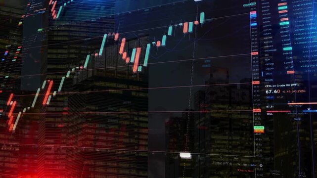 Glowing red and green candlestick charts overlaid on a dark urban cityscape, highlighting stock market volatility and modern financial trading.