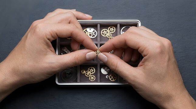 Watchmaker hands selecting small clock gears from an organizer tray.