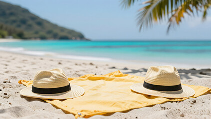 Obraz premium Tropical Paradise Duo: Two straw hats rest on a vibrant yellow towel on a pristine sandy beach.