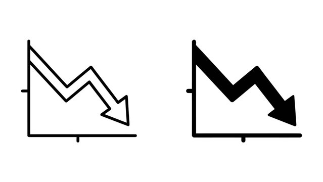 Graph Decline Icon Set: Two stylized line graphs depict a downward trend, illustrating concepts of financial loss, economic downturn, or negative progress.