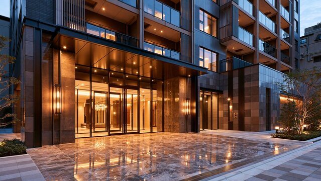 ブルーアワーに暖かな照明が輝く高級マンションのエントランス外観、ガラス張りのロビーと光沢ある石材アプローチが印象的な都市型住宅建築