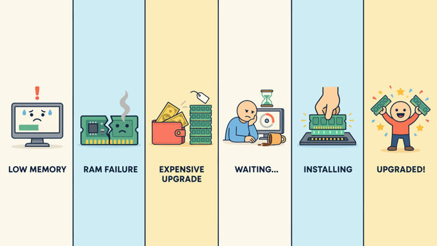 Computer ram upgrade process illustrated with happy and frustrated characters