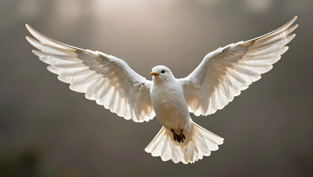 A Symbol of Peace: A pure white dove in mid-flight, its wings spread wide against a soft, ethereal background, embodying serenity and hope.