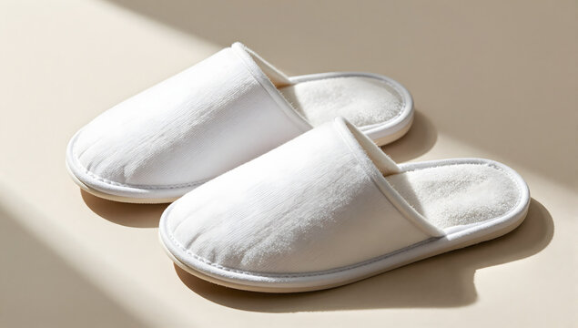 Soft Slippers for Comfort: A pair of cozy white slippers rests on a neutral surface, casting soft shadows under natural light, suggesting relaxation and comfort.