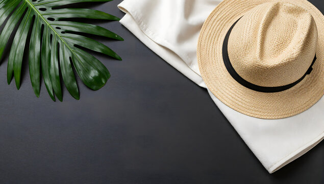 Tropical Getaway Essentials: A stylish straw fedora hat rests beside a large, vibrant green monstera leaf, evoking a sense of vacation and relaxation on a dark background.