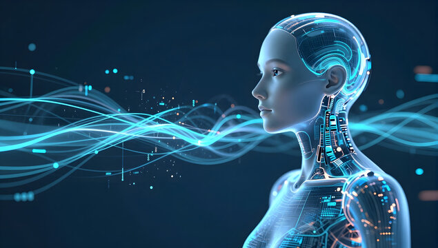 Robotic Profile: A futuristic humanoid robot in profile, with intricate circuitry visible within its translucent form, set against a backdrop of glowing digital streams and data visualization.