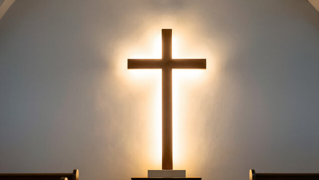 Radiant Cross of Faith: A wooden cross is illuminated from behind by a warm, glowing light, casting a serene and spiritual ambiance within a place of worship.
