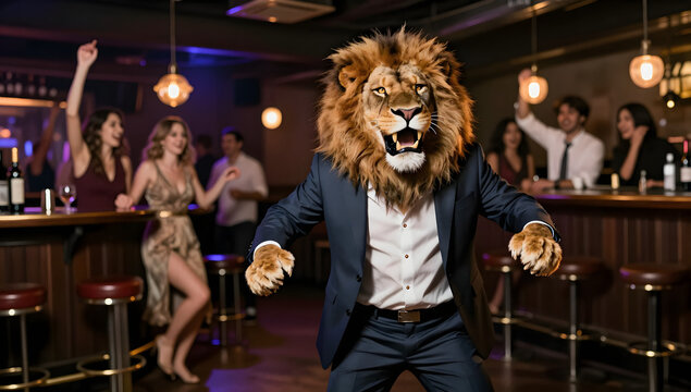 Man in Lion Costume at a Party: A striking image of a person in a realistic lion costume, dressed in a business suit.
