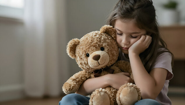 Sad Child with Teddy Bear: A young girl clutches her teddy bear, her expression a picture of quiet sadness and longing.