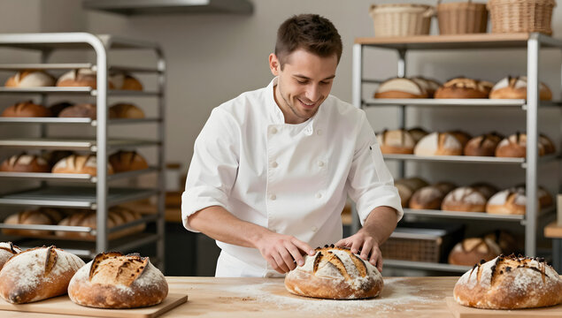 Baker's Delight: A smiling baker in a white uniform meticulously prepares a freshly baked loaf of bread on a wooden counter, surrounded by racks of golden-brown artisanal bread.