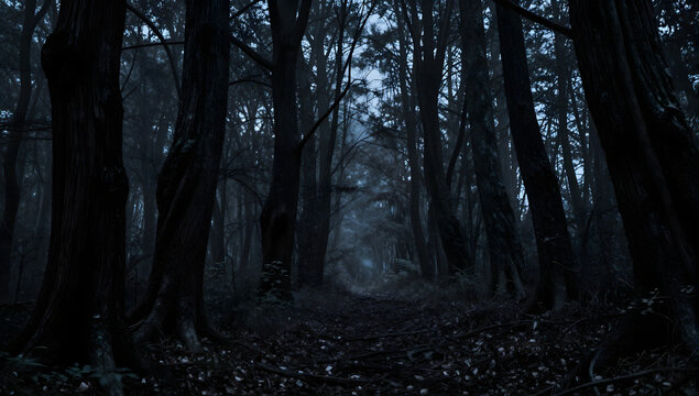 Eerie Forest Path: A dark and mysterious forest path shrouded in mist, with towering trees and fallen leaves creating a haunting atmosphere.