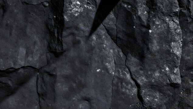 Dark Rock Texture: A close-up, detailed view of a rough, dark rock surface, showcasing its rugged texture, fissures, and mineral inclusions.
