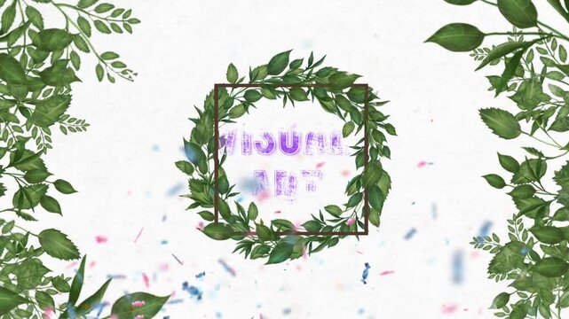 Foliage wreath with a dark square border highlights a central glowing text area surrounded by floating particles and confetti against a minimalist white surface suitable for event marketing materials.