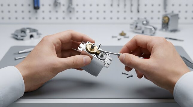 Technician hands assembling small electronic motor component with precision tools on workbench.