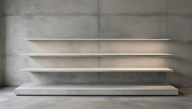 Minimalist Concrete Shelving Unit: Three floating shelves are elegantly displayed against a textured concrete wall, offering a clean and modern aesthetic for product display or storage.