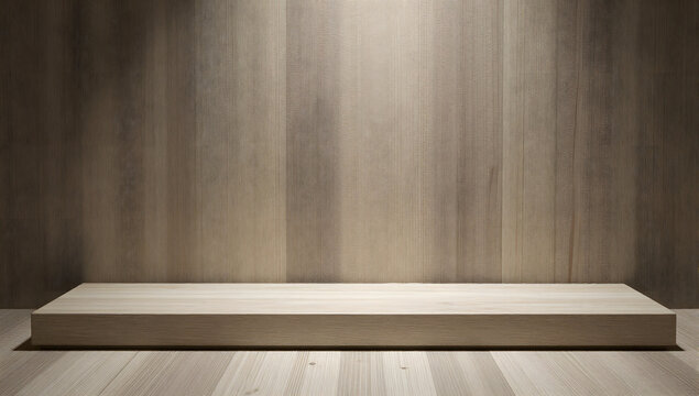 Empty Stage Spotlight: A minimalist scene features a polished wooden platform and a textured wooden wall, illuminated by a soft spotlight, creating a dramatic and elegant atmosphere.
