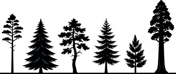 Coniferous Forest Trees Silhouette Set with Pine Spruce Fir and Giant Redwood Evergreen Woodland Elements for Landscape Design Logos and Nature Vectors © Lipy