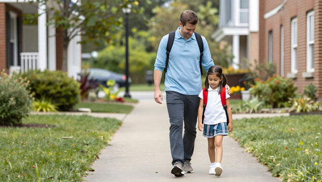 Father and Daughter Walking to School: A caring father walks hand-in-hand with his young daughter, both wearing backpacks, along a tree-lined sidewalk towards school.