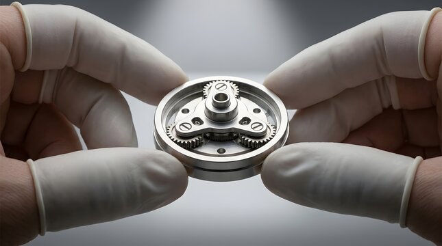 Watchmaker hands holding a precision mechanical watch movement component.