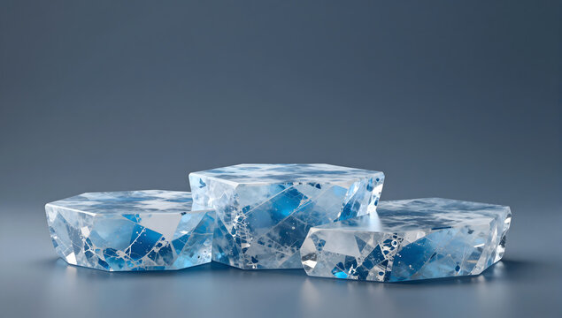 Ice Pedestal Formation: A minimalist arrangement of crystalline ice blocks, shaped into a tiered pedestal, evokes a sense of natural formation and stark beauty against a muted background.