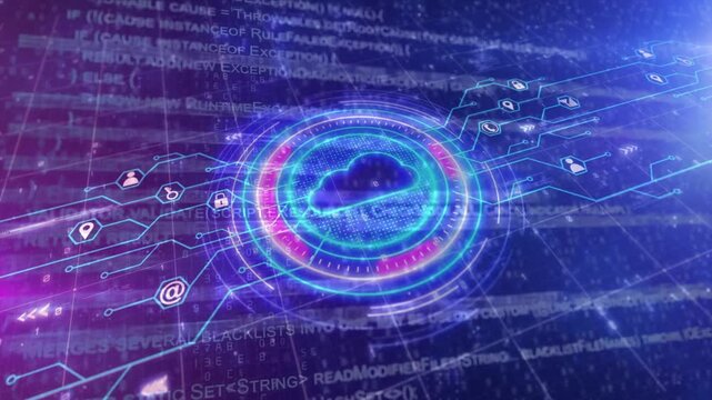 Glowing blue cloud computing icon hologram with circuit network connections and programming interface in a digital background.